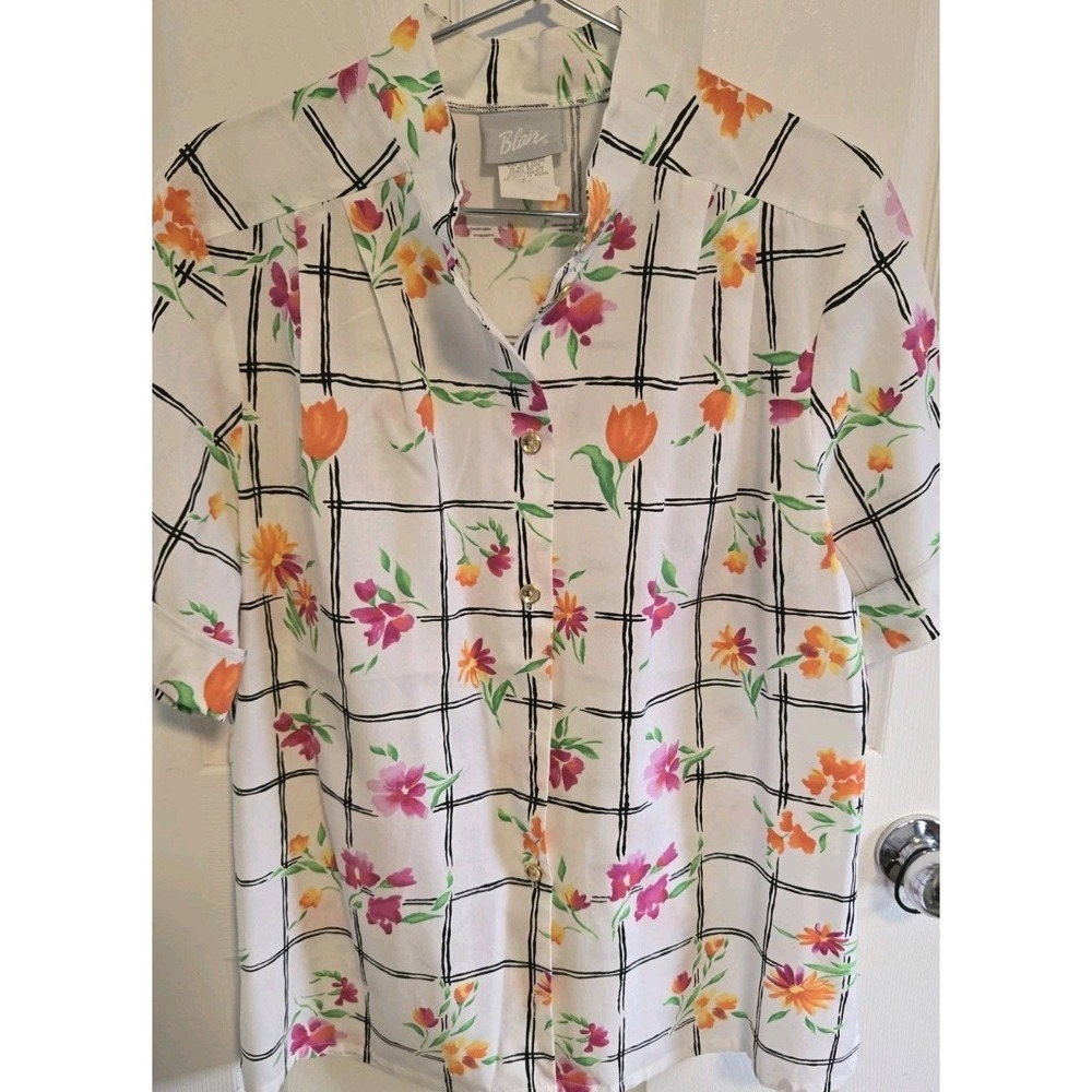 Vintage Blair Floral Windowpane Blouse Womens XL Button Front Cottagecore